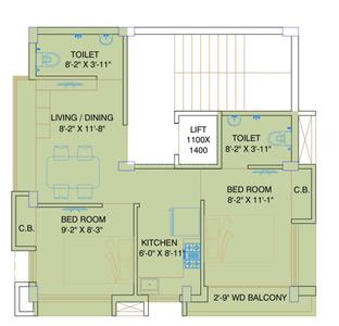 Floor Plan Image of 800 Sq.ft 2 BHK Apartment / Flat for sale in Dhakuria Kolkata for Rs. 5200000