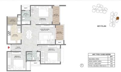Image of 1452 Sq.ft 3 BHK Apartment / Flat for sale in Prestige Suncrest, Jigani, Bengaluru for Rs. 18100000