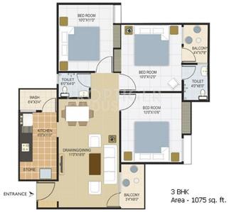 Floor Plan Image of 1075 Sq.ft 3 BHK Apartment / Flat for sale in IBD Hallmark Citii, Mahawadiya Bhopal for Rs. 1800000