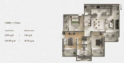 Image of 1259 Sq.ft 3 BHK Apartment / Flat for sale in Ashiana Aaroham, Sector 80, Gurgaon for Rs. 30000000