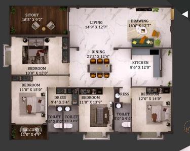 Image of 1725 Sq.ft 3 BHK Apartment / Flat for sale in Jagamara, Bhubaneswar for Rs. 14400000
