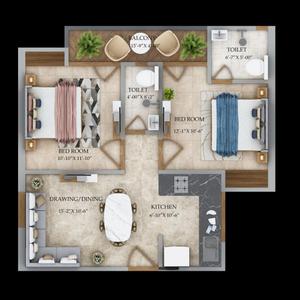 Floor Plan Image of 896 Sq.ft 2 BHK Apartment / Flat for sale in Trehan Shalimar Heights, Nagla Samawadi Alwar for Rs. 2200000