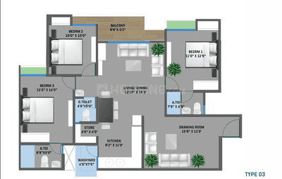 Floor Plan Image of 2205 Sq.ft 3 BHK Apartment / Flat for sale in Terra Sky, Zundal Ahmedabad for Rs. 8207500