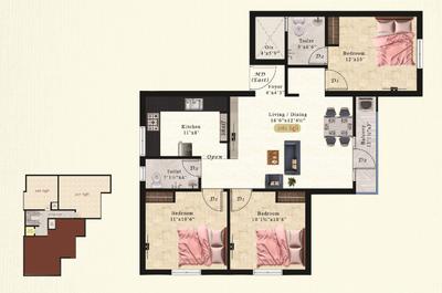 Floor Plan Image of 1162 Sq.ft 3 BHK Apartment / Flat for sale in Kundrathur Chennai for Rs. 7262500
