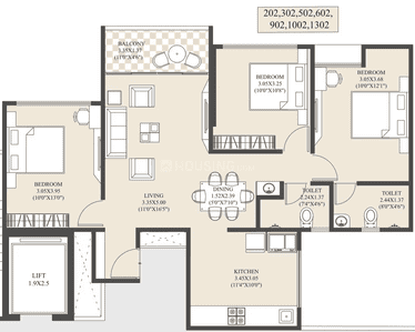 Floor Plan Image of 1105 Sq.ft 2 BHK Apartment / Flat for sale in Unique Youtopia Phase III, Kharadi Pune for Rs. 9600000