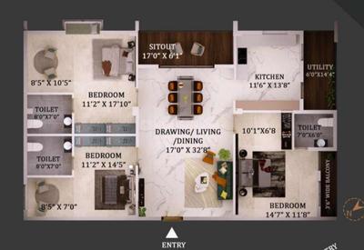 Image of 1725 Sq.ft 3 BHK Apartment / Flat for sale in Jagamara, Bhubaneswar for Rs. 14400000