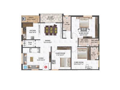 Image of 1800 Sq.ft 3 BHK Apartment / Flat for sale in Kondapur, Hyderabad for Rs. 13500000