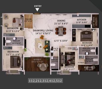 Image of 1725 Sq.ft 3 BHK Apartment / Flat for sale in Jagamara, Bhubaneswar for Rs. 14400000
