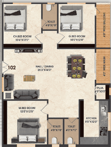 Floor Plan Image of 1570 Sq.ft 3 BHK Apartment / Flat for sale in Bommarillu Skyra, Ameenpur Sangareddy for Rs. 7693000