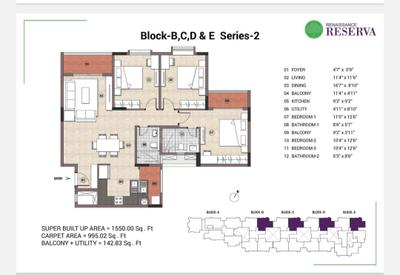 Image of 1550 Sq.ft 3 BHK Apartment / Flat for sale in Renaissance Reserva, Mathikere, Bengaluru for Rs. 15900000