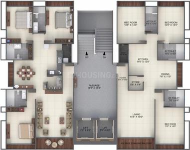 Floor Plan Image of 2323 Sq.ft 3 BHK Apartment / Flat for sale in Vesu Surat for Rs. 12800000