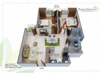 Floor Plan Image of 1466 Sq.ft 3 BHK Apartment / Flat for sale in Paras Greens Phase II, Bamrauli Allahabad for Rs. 7677000