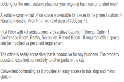 Commercial image of 4000.0 Sq.ft Ready to use Office Space for rent in Naraina for 120000