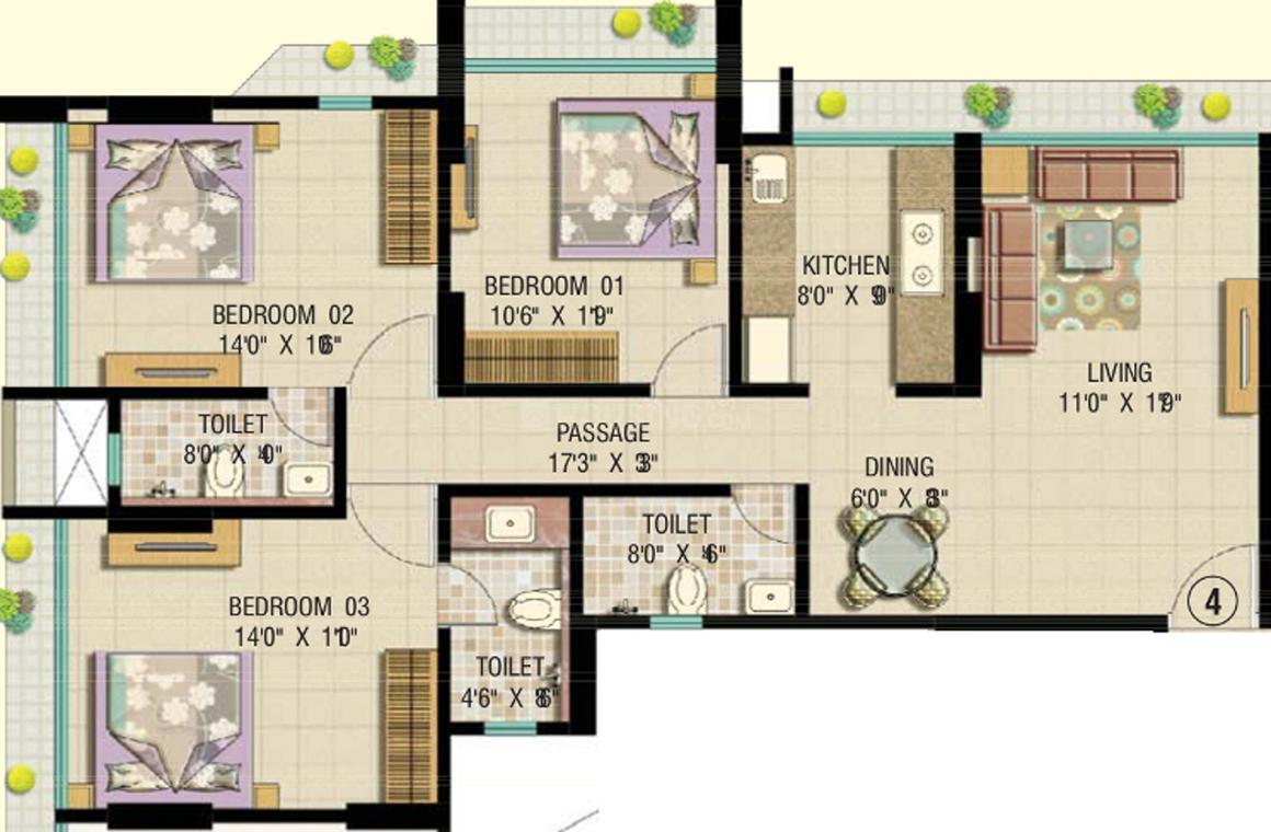 Anchor 16 Mount Blanc Floor Plan: 3 BHK Unit with Built up area of 962 sq.ft 1