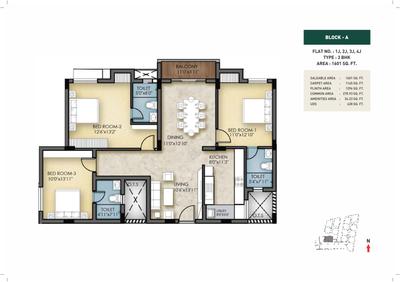 Image of 1461 Sq.ft 3 BHK Apartment / Flat for sale in Nova Meridian, Ambattur Industrial Estate, Chennai for Rs. 11300000