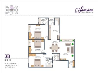 Image of 1755 Sq.ft 3 BHK Apartment / Flat for sale in Alembic Samsara, Chhani Jakat Naka, Vadodara for Rs. 11000000