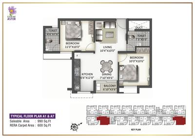 Image of 1250 Sq.ft 2 BHK Apartment / Flat for sale in Arboretum Gemini Aster, Mambakkam, Chennai for Rs. 5750000