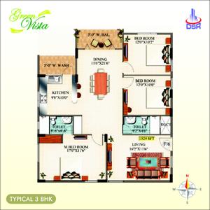 Image of 1225 Sq.ft 2 BHK Apartment / Flat for sale in DSR Green Vista, Whitefield, Bengaluru for Rs. 8750000