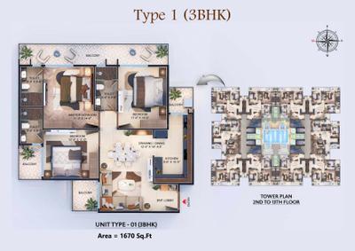 Image of 1670 Sq.ft 3 BHK Apartment / Flat for sale in Tarang Atlantis, Sector 31, Faridabad for Rs. 14500000
