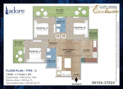 Image of 1000 Sq.ft 3 BHK Apartment / Flat for sale in Adore Happy Homes Exclusive, Sector 86, Faridabad for Rs. 6000000
