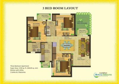 Image of 1150 Sq.ft 3 BHK Apartment / Flat for sale in Sare Crescent Parc Royal Greens Phase 1, Sector 95, Gurgaon for Rs. 11900000