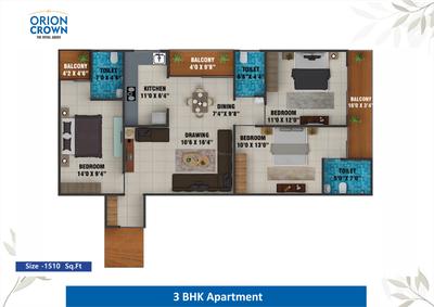 Image of 1510 Sq.ft 3 BHK Apartment / Flat for sale in Orion Crown, Jakhya, Indore for Rs. 7550000
