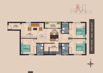 Image of 1319 Sq.ft 3 BHK Apartment / Flat for sale in Gatala Metro Heights, Virugambakkam, Chennai for Rs. 19000000