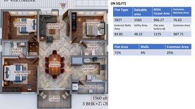 Image of 1400 Sq.ft 3 BHK Apartment / Flat for sale in Aspire Aarna, Mallampet, Sangareddy for Rs. 7500000