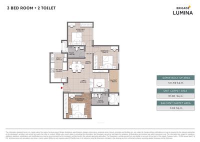 Image of 1400 Sq.ft 3 BHK Apartment / Flat for sale in Brigade Lumina, Bagalakunte, Bengaluru for Rs. 17900000