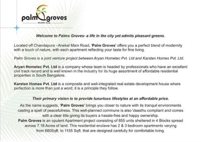 Image of 806 Sq.ft 2 BHK Apartment / Flat for sale in Karsten Palm Groves Block A, Marsur, Bengaluru for Rs. 4500000