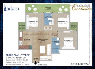 Image of 1000 Sq.ft 3 BHK Apartment / Flat for sale in Adore Happy Homes Exclusive, Sector 86, Faridabad for Rs. 6000000