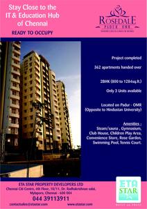 Image of 729 Sq.ft 1 BHK Apartment / Flat for sale in ETA Rosedale, Padur, Chennai for Rs. 4000000