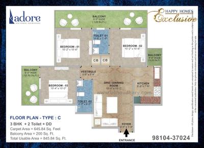 Image of 1000 Sq.ft 3 BHK Apartment / Flat for sale in Adore Happy Homes Exclusive Phase 2, Sector 86, Faridabad for Rs. 6400000