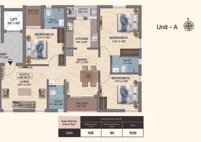 Image of 1368 Sq.ft 3 BHK Apartment / Flat for sale in Navins Vijayasree , Anna Nagar, Chennai for Rs. 27500000