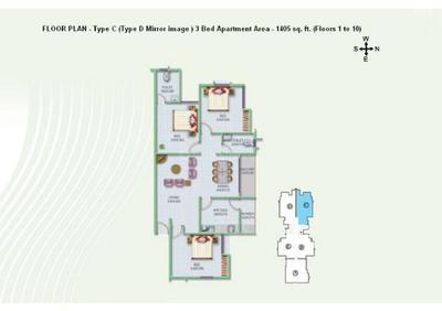 Image of 1405 Sq.ft 3 BHK Apartment / Flat for sale in Asset E Scape, Kakkanad, Kochi for Rs. 6500000